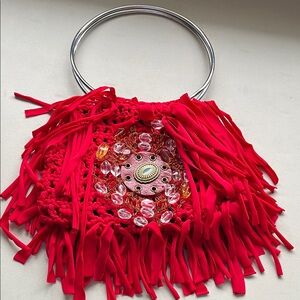Vibrant Red Fringe Clutch with Beaded Accents